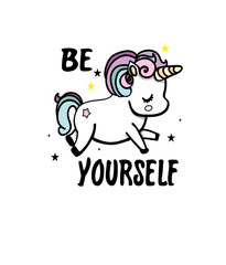 colorful drawing of a unicorn with a starlet on a white background with the inscription be yourself