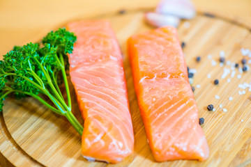 Salmon fish steck on the cutting board