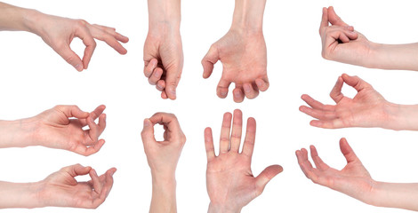 Empty male hand making gesture like holding something isolated on white background. Set of multiple images