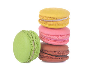 Macarons. french multicolored macaroons cakes. Small french sweet cake on white isolated background. Dessert. Sweets.