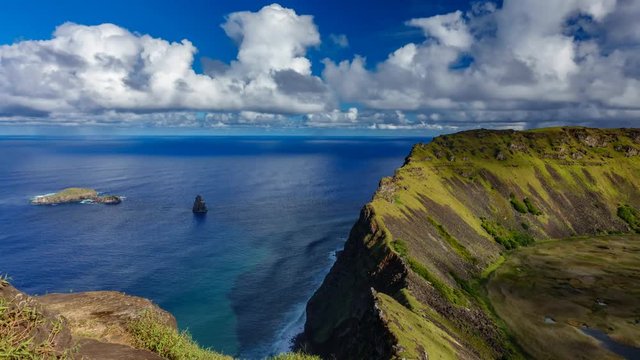 Wide angle view time-lapse of Ranu kau volcano crater and iconic islets of birdman cult in Rapa Nui
