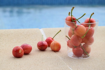 Ripe cherries in a plastic Cup and on the tile next to the pool.