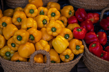 Organic vegetable stall at a farmer's market and selling fresh vegetables from garden. Local produce at the summer farmers market in the city.