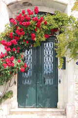 Fototapeta na wymiar Red roses and old houses