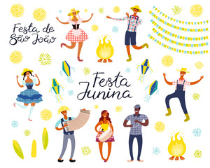 Festa Junina set with dancing people, musicians, lanterns, bunting, Portuguese text. Isolated objects on white. Hand drawn vector illustration. Flat style design. Element for holiday banner, poster.