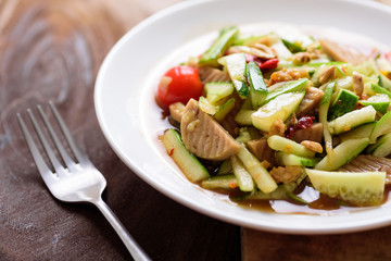 Spicy cucumber salad with steamed pork sausage, Thai food