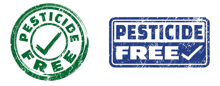 Pesticide free stamps in green and blue colors. Grunge texture. Vector illustration.