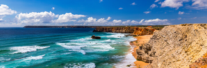 Panorama view of Praia do Tonel (Tonel beach) in Cape Sagres, Algarve, Portugal. Praia Do Tonel,...