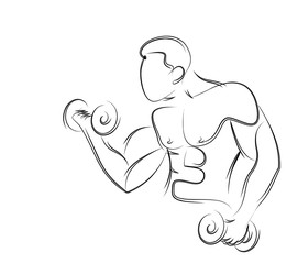 Muscular Man Workout with Barbell Sport and Activity Line art Drawing, Vector Illustration.