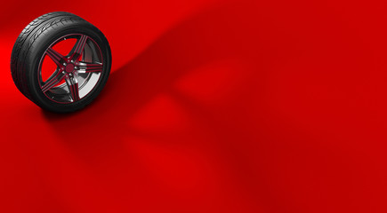 Car wheel isolated on a red background with shadow. Tyre. Poster booklet cover design. 3d illustration
