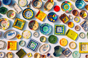 Collection of colorful Portuguese ceramic pottery, local craft products from Portugal. Ceramic...
