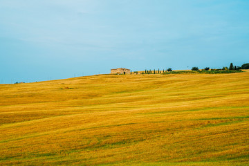 Obraz premium Unique tuscany landscape in summer time - wave hills, cypresses trees and beautiful colors of sky. Tourism, travel in Italy. Beautiful destination Europe. Summer holiday outdoor vacation trip.