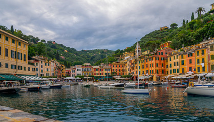 Fantastic summer panorama of Portofino town. Splendid morning scene of Mediterranean sea, Liguria, province of Genoa, Italy, Europe. Traveling concept background.