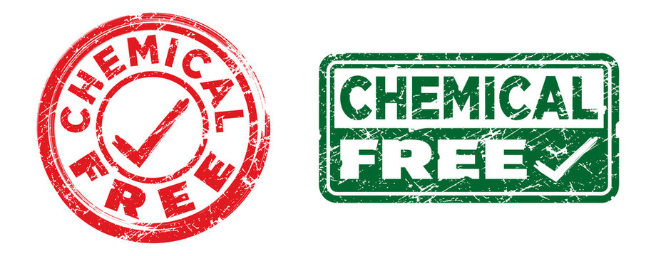 Chemical free stamps in red and green colors. Grunge texture. Vector illustration.