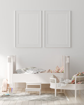 Mock up poster frame in children bedroom interior background, Scandinavian style, 3D render