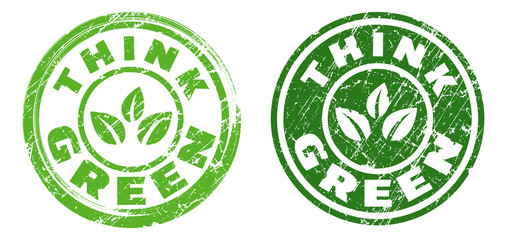 Think green stamps in green and dark grey colors. Grunge texture. Vector illustration.