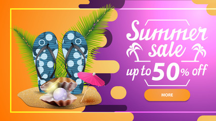 Summer sale, discount web banner for your site in a modern style with button, beautiful lettering and flip flops, pearl and palm leaves