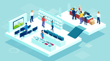 Vector of people shopping in a mall consumer electronics department