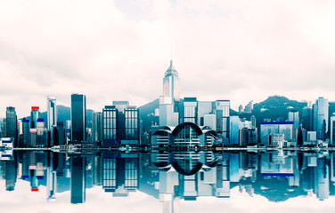 Hong Kong cityscape at Victoria Harbour with beautiful reflection , View from Star ferry , kowloon