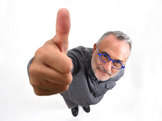 man thumps up on white background