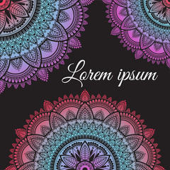 Ethnic template with colorful rainbow mandala and text place on black background. Circular decorative pattern.