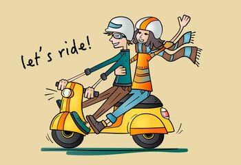 Boy and girl ride on retro scooter