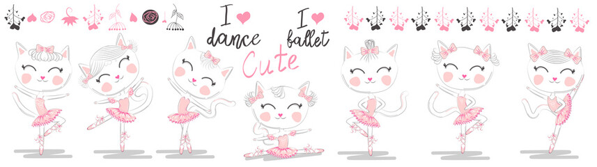 Set of seven cute white ballerina cats in pink ballet tutu and pointe © MichiruKayo