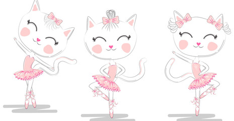 Set of three cute white ballerina cats in pink ballet tutu and pointe