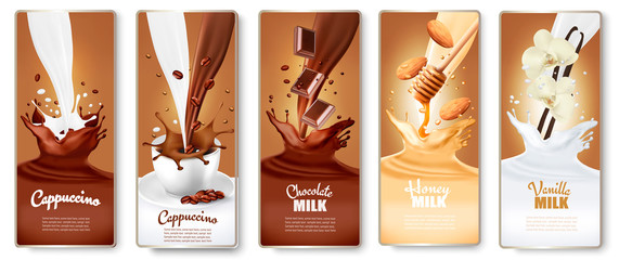 Set of labels with cappuccino, coffee,  milk with honey, chocolate and vanilla splashes. Vector. - 265810074