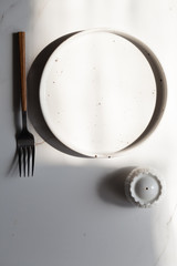 Empty classic white plate, fork and salt shaker. copyspace