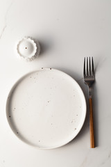 Empty classic white plate, fork and salt shaker. copyspace