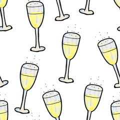 Christmas seamless pattern hand-drawn. A glass of champagne on a white background. Happy New Year