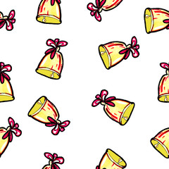 Christmas seamless pattern drawn by hand. Bell with a red festive ribbon on a white background. New Year
