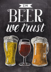 In beer we trust hand drawn lettering with beer glasses on black chalkboard background. Vintage food illustration.