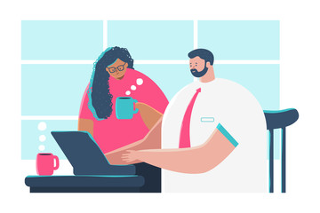Fototapeta na wymiar Business meeting vector cartoon concept illustration of a man and a woman at the computer with a cup of coffee.