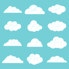 Clouds in the sky vector cartoon flat icons set isolated on blue background.