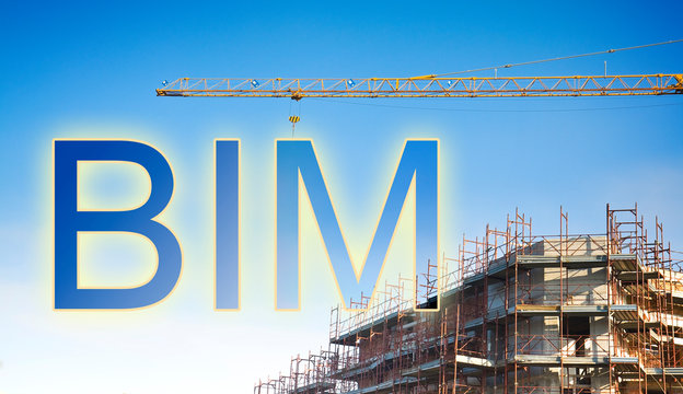 Building Information Modeling (BIM), a new way of architecture designing - concept image with a metal tower crane in a construction site with hanging text BIM