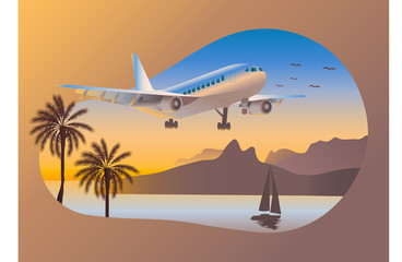An airplane flies over a tropical island and an ocean. Mountains, palm trees on a background of the sunset. The concept of tourism. Vector illustration.