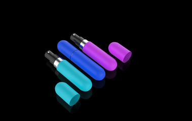 Perfume atomizers template realistic spray case for fragrance.open packaging isolated on black background. 3d illustartion