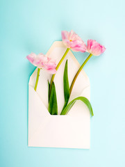 yellow tulips on a blue textural background with a letter envelope. Flat lay, copy space, top view. Flowers composition.