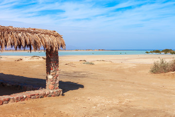 Red Sea coast and mangroves in the Nabq National Park. Snorkeling equipment - flippers, snorkel and mask. Famous travel destionation in desert. Sharm el Sheik, Sinai Peninsula, Egypt.