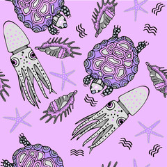 Sea seamless vector pattern. Ocean tropical exotic illustration with tropical underwater animals - stingray, sea stars, shells. Marine life. Sea background vector illustration
