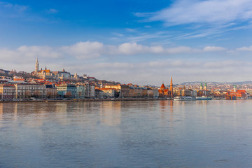 Naklejka na ściany i meble Panorama cityscape of famous tourist destination Budapest with Danube and bridges. Travel landscape in Hungary, Europe.