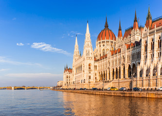 Fototapeta na wymiar Panorama cityscape of famous tourist destination Budapest with Danube, parliament and bridges. Travel landscape in Hungary, Europe.