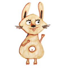 Hand-drawn hare with markers on an isolated white background. Child illustration.