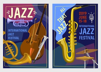 Jazz festival posters set. Colorful jazz party or invitation concepts. Vector illustration