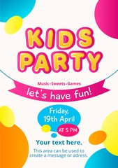 Colorful kids party invitation. Kids party concept. Colorful invitation for birthday, party etc. Vector illustration