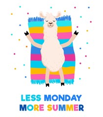 Less monday more summer colorful card with sunbathing llama on a towel or rug. Motivational summer travel print. Vector illustration for prints, cards, textile etc. © Microstocker.Pro