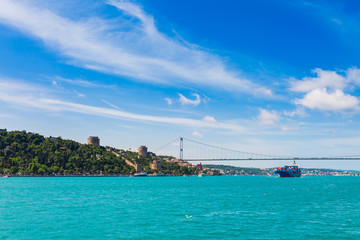 Naklejka premium Panoramic view of Istanbul. Panorama cityscape of famous tourist destination Bosphorus strait channel. Travel landscape Bosporus, Turkey, Europe and Asia.