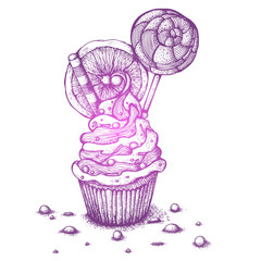 Hand drawn ink vector illustration. Still life of cupcakes with orange and lollipop. Drawing isolated on white background